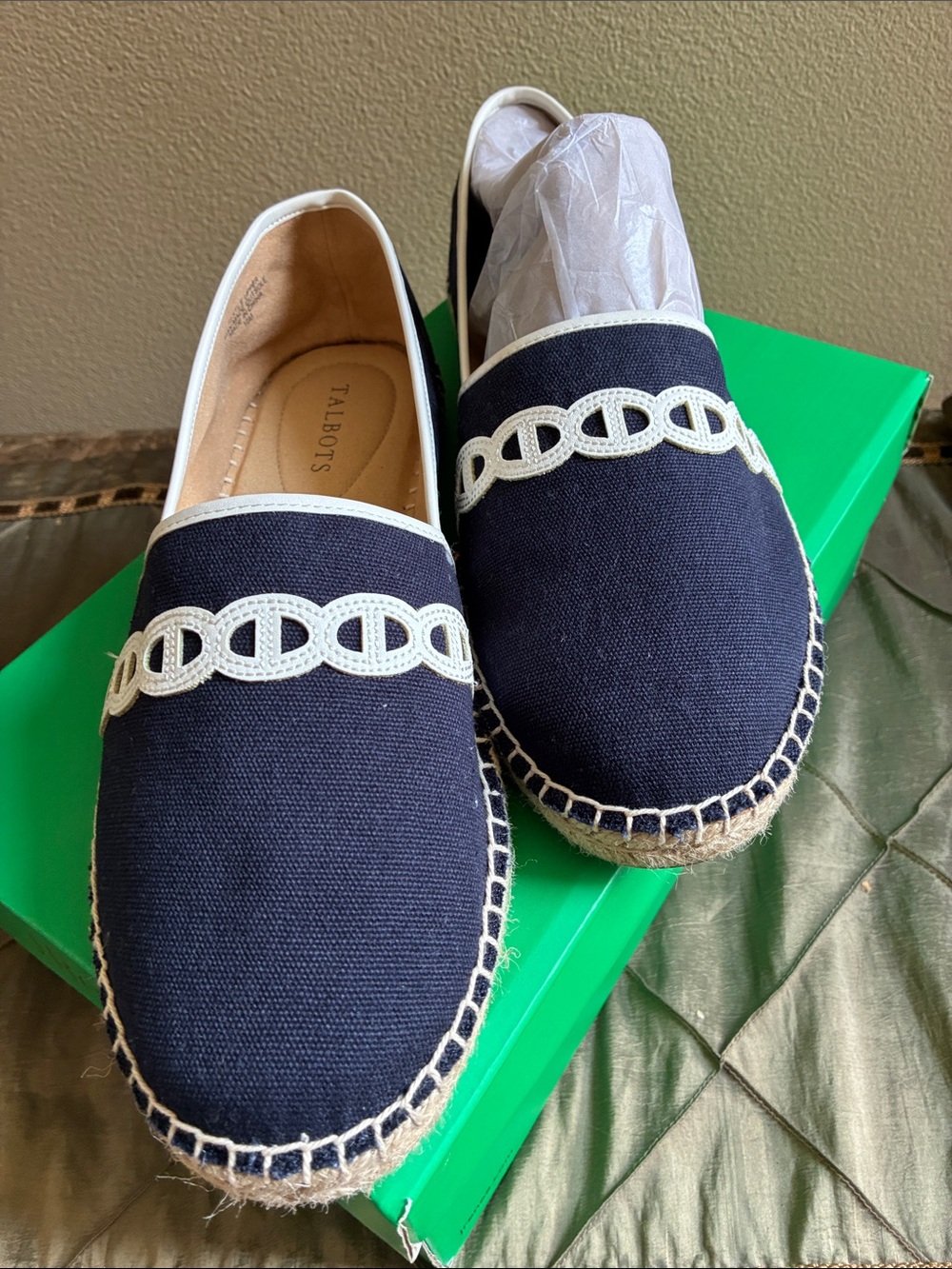 Talbots Navy Espadrille Slip-On with Cream Embroidered Trim